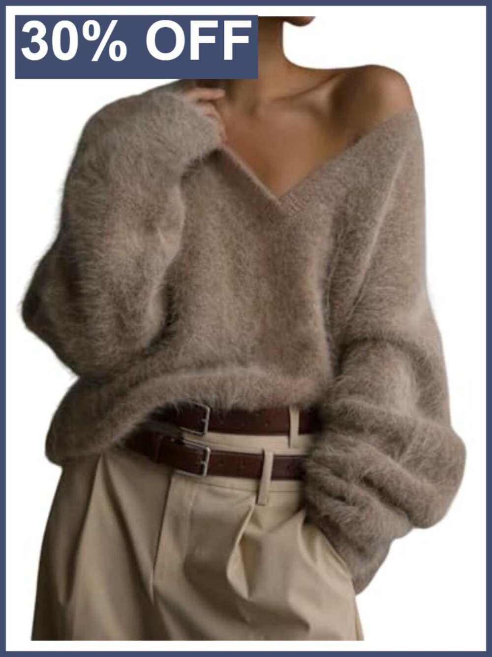 Fuzzy Mohair V Neck Pullover Sweater Loose Fluffy Ribbed Knit